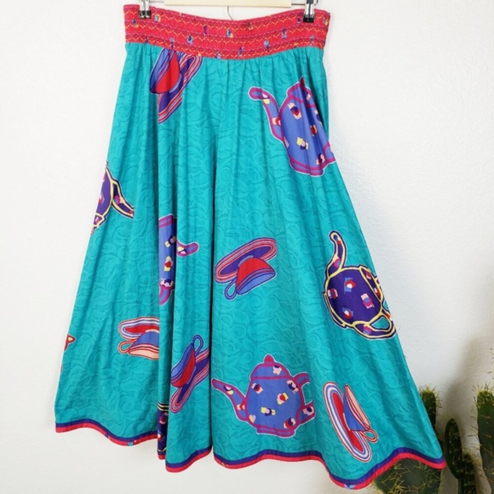 Vintage JEANNE MARC 80s Novelty Print Embroidered Swing Maxi Skirt size 8/10